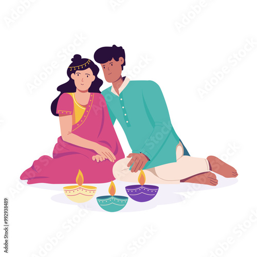 Couple diwali celebration flat character illustration 