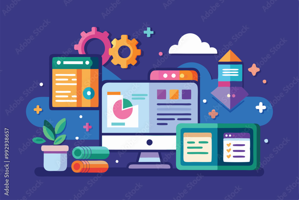A vibrant digital workspace featuring devices and graphic elements for productivity and creativity, Customizable open source semi-flat illustration. A vibrant digital workspace featuring devices and graphic elements for productivity and creativity, Customizable open source semi-flat illustration.