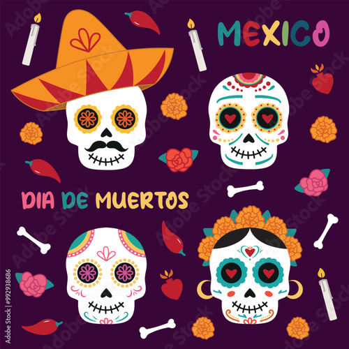 Vector cute hand drawn sugar sculls collection with different national mexican symbols dedicated to Day of the dead celebration