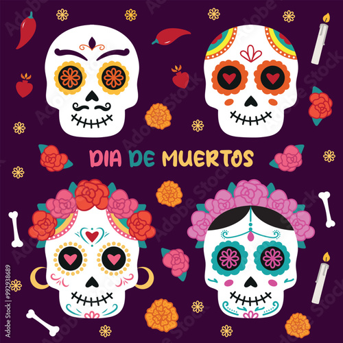 Vector cute hand drawn sugar sculls collection dedicated to Day of the dead celebration