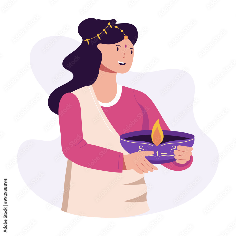 Indian woman with diwali lamp, flat illustration Indian woman with diwali lamp, flat illustration