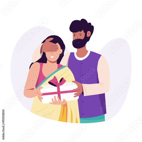 A flat character illustration showing husband giving diwali gift to wife 
