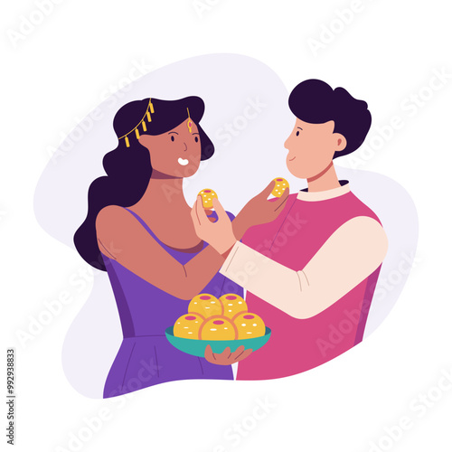 Couple eating diwali sweets and wishing each other, flat illustration 