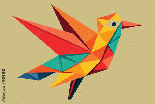 A vibrant origami bird crafted with geometric shapes showcases customizable colors and angles, Customizable origami bird illustration