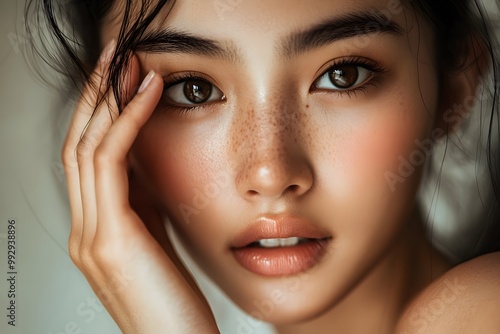 Asian Model Touching Her Face in Close-Up Shot