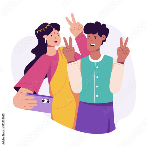 A flat illustration showing couple taking diwali selfie 