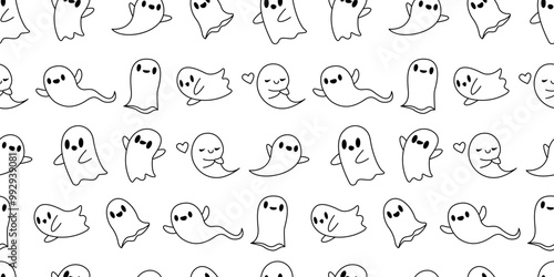 Cute Halloween doodle ghost seamless pattern. October holiday decorations, spirit characters. Children's coloring pages. Kids flat vector illustration isolated on white.