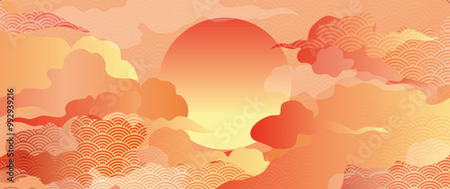 Chinese new year luxury pattern background vector. Elegant wave, moon, cloud gold line art texture on red background. Design illustration for wallpaper, card, poster, packaging, advertising.