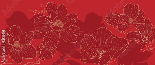 Chinese new year luxury pattern background vector. Oriental flower gold line art texture on red background. Design illustration for wallpaper, card, poster, packaging, advertising.