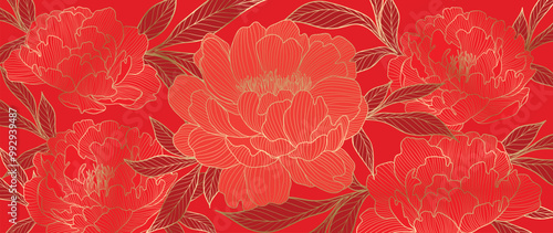 Chinese new year luxury pattern background vector. Oriental peony flower gold line art texture on red background. Design illustration for wallpaper, card, poster, packaging, advertising.