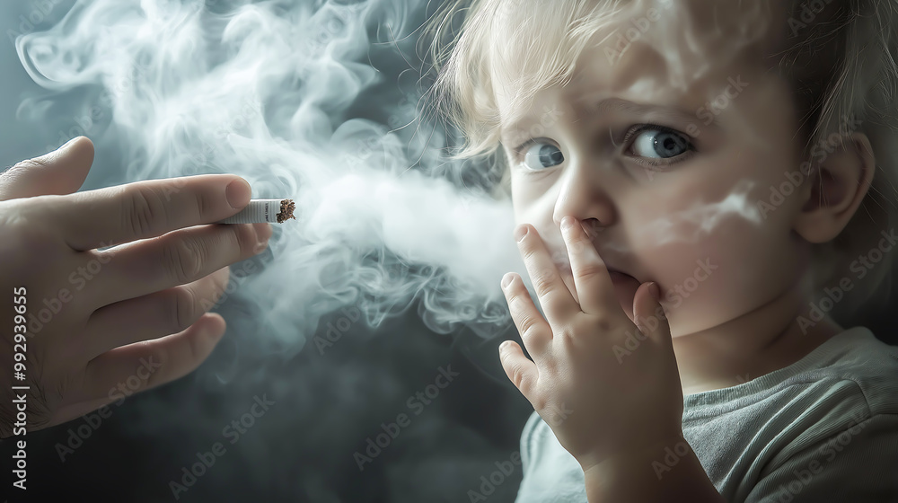 Fototapeta premium A little child covering their nose with their hand, displaying a disgusted expression as they react to the smell of cigarette smoke