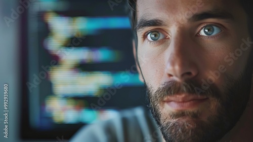 Focused web developer examining lines of code on a computer screen, highlighting the intricacies of programming and the creative process behind web development