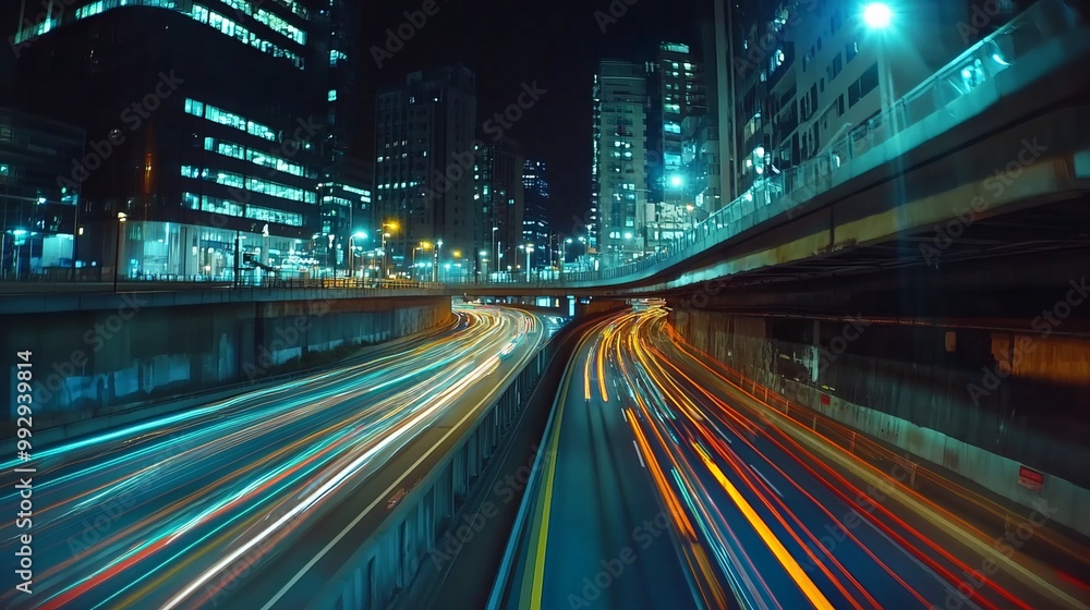 Night drive through a bustling city, motion time-lapse from car window. Street lights and vehicle trails illuminate the road, ending in an underground car park. Night drive through a bustling city, motion time-lapse from car window. Street lights and vehicle trails illuminate the road, ending in an underground car park.