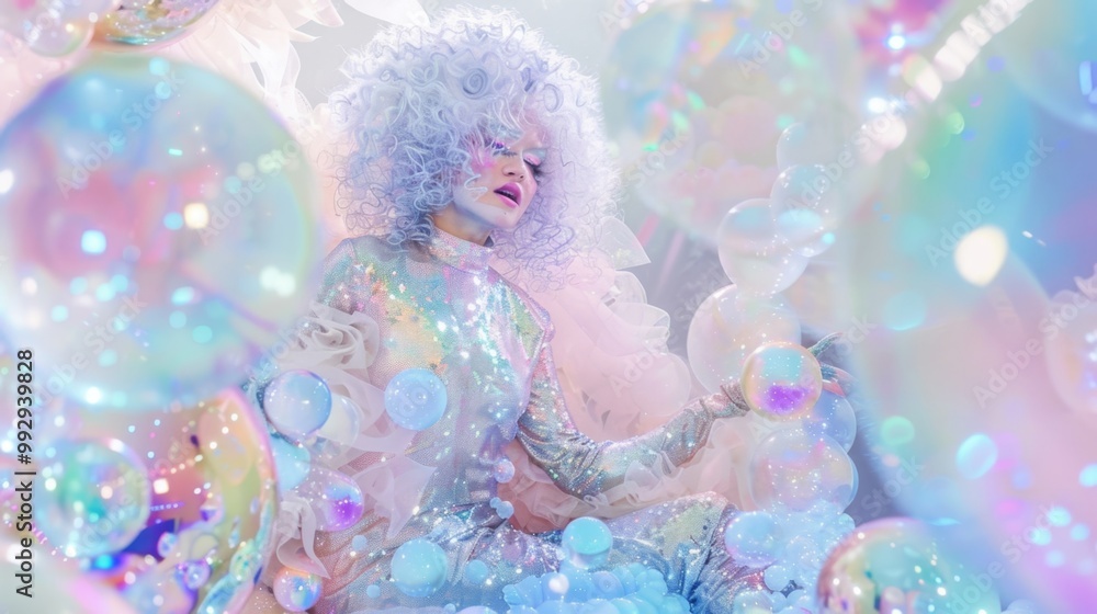 Fototapeta premium A girl with white hair in a silver suit against the background of large soap bubbles 