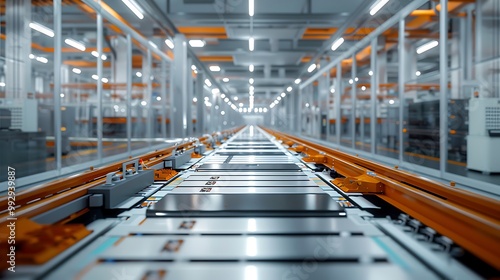 Interior of a state-of-the-art battery manufacturing plant with automated assembly lines producing lithium-ion cells. 32k, full ultra hd, high resolution