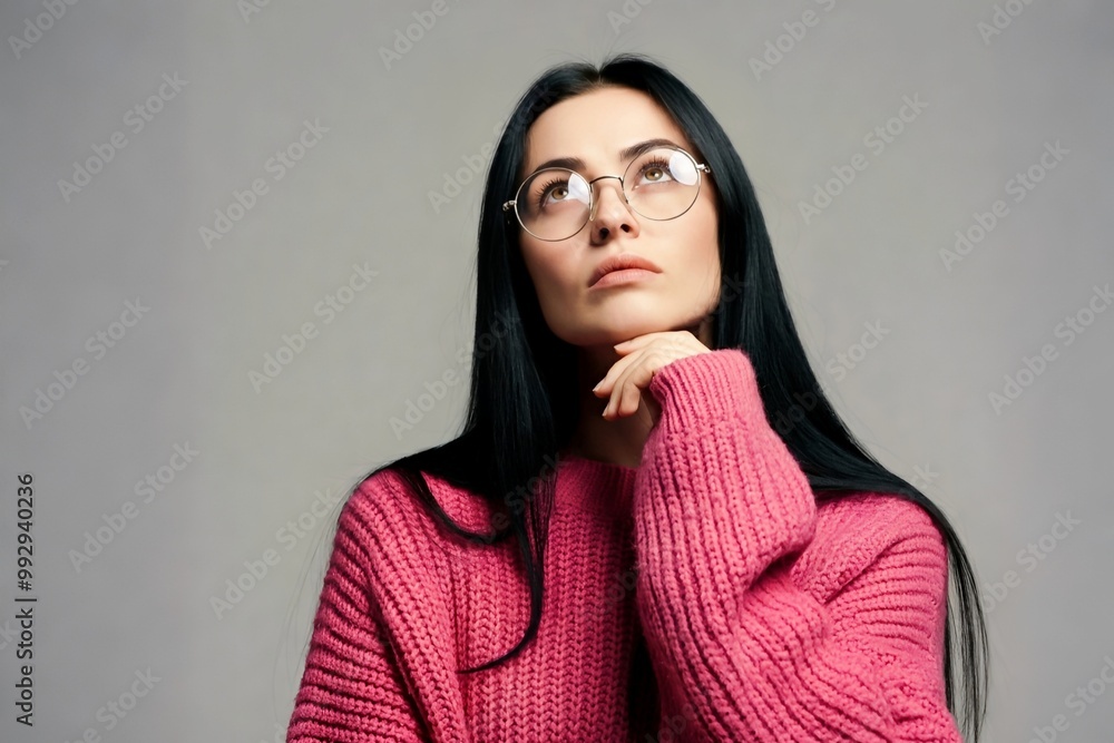 Fototapeta premium A woman with long dark hair and glasses, wearing a pink sweater, looks up thoughtfully with her hand under her chin against a gray background.