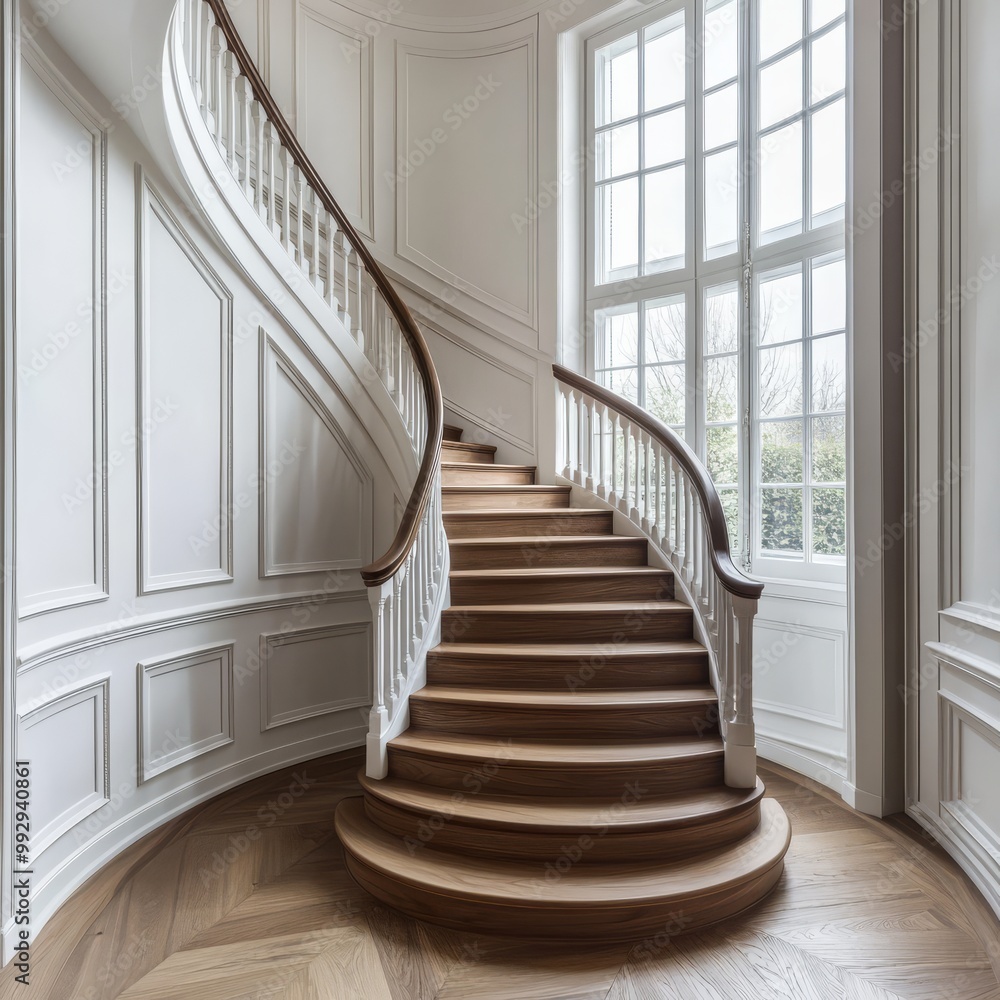 Elegant curved staircase with wooden steps and white handrail in bright, luxurious interior with large windows and natural light. Elegant curved staircase with wooden steps and white handrail in bright, luxurious interior with large windows and natural light.