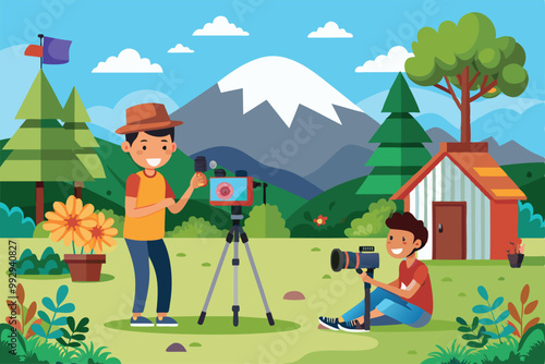 Two young individuals engage in an outdoor photoshoot, capturing moments in a beautiful landscape, Customizable outdoor photoshoot with disproportionate illustration.