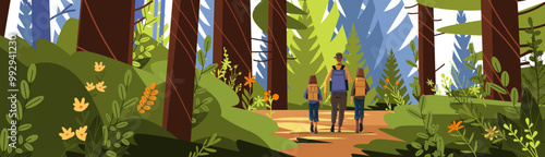 Family hiking in forest nature scene vibrant colors detailed foliage tall trees flowers greenery outdoor adventure landscape banner