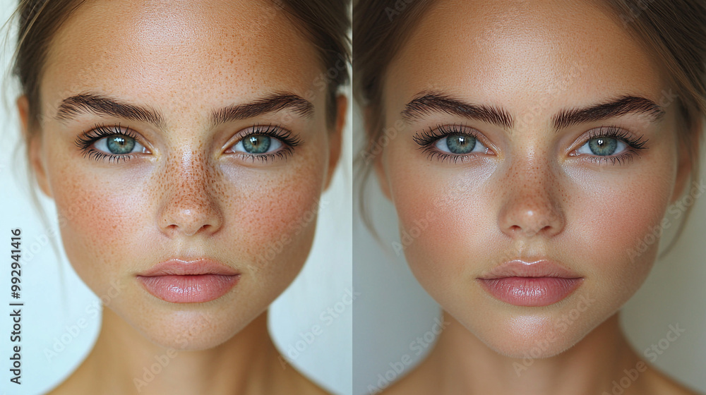 Close-up portrait of a beautiful young woman showcasing her clear skin, bright eyes, and natural beauty in a soft light. Close-up portrait of a beautiful young woman showcasing her clear skin, bright eyes, and natural beauty in a soft light.