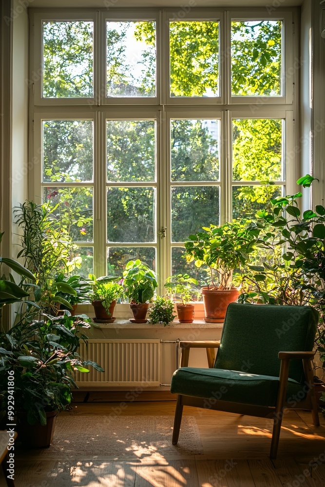 A Quiet Room With Large Windows Letting In Natural Light, Filled With Houseplants. The Fresh Air And Greenery A Quiet Room With Large Windows Letting In Natural Light, Filled With Houseplants. The Fresh Air And Greenery