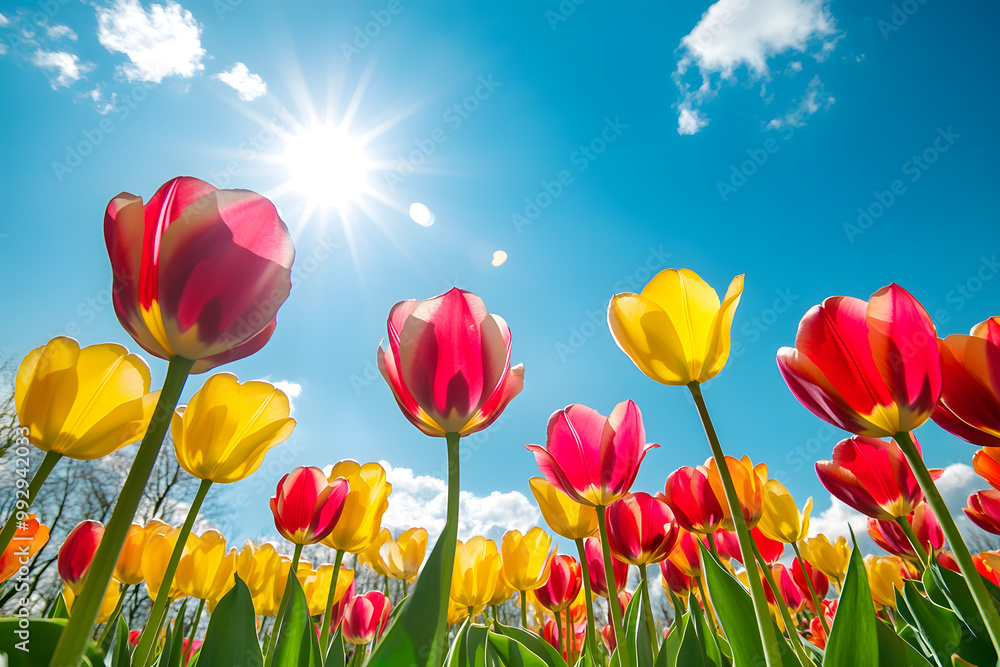 A vibrant field of colorful tulips in full bloom, a breathtaking display of spring's beauty A vibrant field of colorful tulips in full bloom, a breathtaking display of spring's beauty