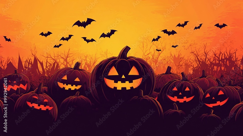 Cute pumpkin sunset silhouette cartoon halloween party event illustration Cute pumpkin sunset silhouette cartoon halloween party event illustration