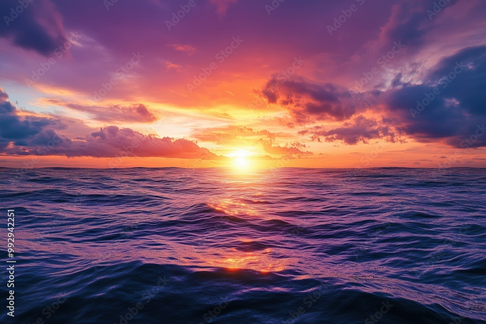 Fototapeta premium Colorful sunset over the ocean, with the vibrant sky reflecting in the water