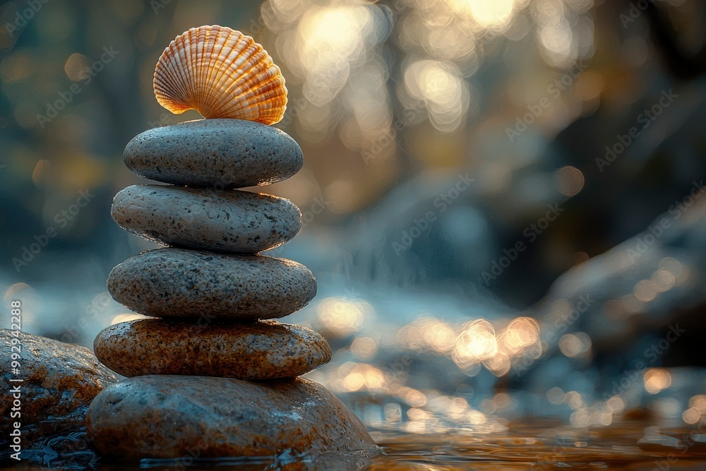 Obraz premium A Seashell Resting Atop a Stack of Smooth Stones in Water