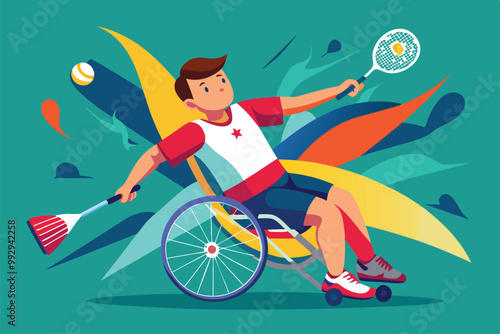 A wheelchair badminton player demonstrates skill and determination with a striking, vibrant backdrop, Customizable Paralympic Badminton Illustration