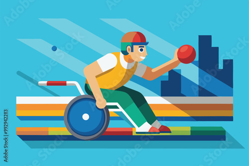 A player prepares to roll a boccia ball while competing in the semi-finals of a tournament, Customizable flat illustration of Paralympic boccia