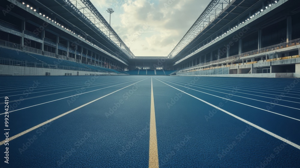 Empty blue running track inside a modern stadium, with lanes clearly marked, ready for an upcoming athletic event under a partly cloudy sky. Empty blue running track inside a modern stadium, with lanes clearly marked, ready for an upcoming athletic event under a partly cloudy sky.