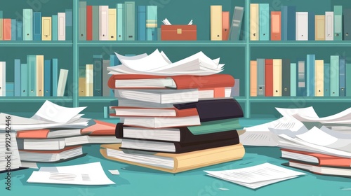 This illustration shows different types of paperwork, including documents, folders, and stacks of papers. It represents the concept of business documents and paperwork.