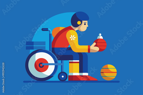 An athlete in a wheelchair is poised to throw a boccia ball during a competitive match outdoors, Customizable flat illustration of Paralympic boccia