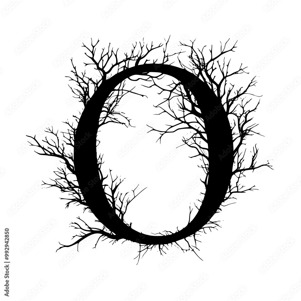 Letter O with Tree Branch Silhouette Design, A bold letter O intertwined with tree branches, forming a striking, nature-inspired silhouette in black and white.
Letter O with Tree Branch Silhouette Design, A bold letter O intertwined with tree branches, forming a striking, nature-inspired silhouette in black and white.