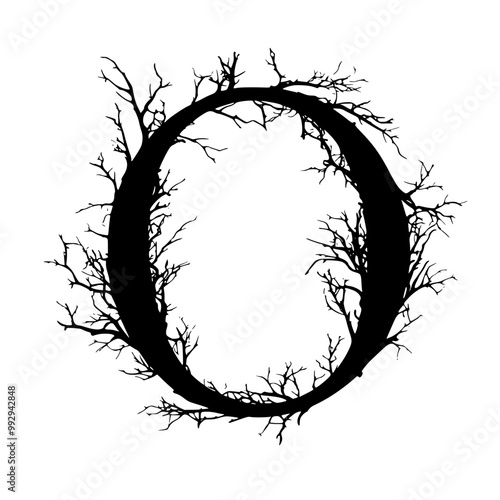Letter O with Tree Branch Silhouette Design, A bold letter O intertwined with tree branches, forming a striking, nature-inspired silhouette in black and white.
