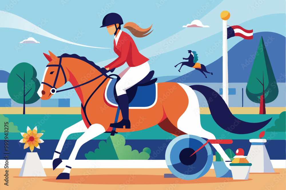 Obraz premium A Paralympic equestrian rider practices in a vibrant landscape surrounded by mountains and greenery, Customizable Paralympic equestrian illustration