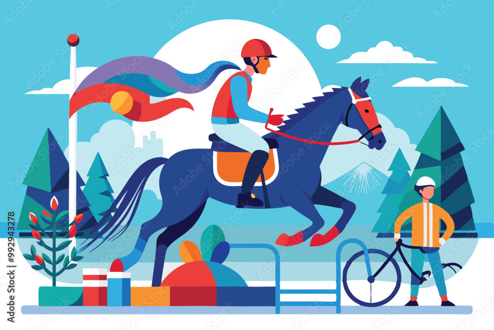 A rider on a blue horse navigates obstacles while a companion stands by with a bicycle, showcasing inclusivity, Customizable Paralympic equestrian illustration A rider on a blue horse navigates obstacles while a companion stands by with a bicycle, showcasing inclusivity, Customizable Paralympic equestrian illustration