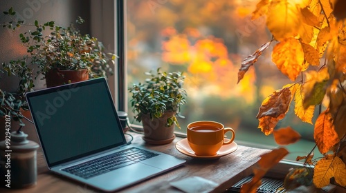Wallpaper Mural Cozy Remote Work Setup in Autumn Home Office with Tea, Laptop, and Natural Light Torontodigital.ca
