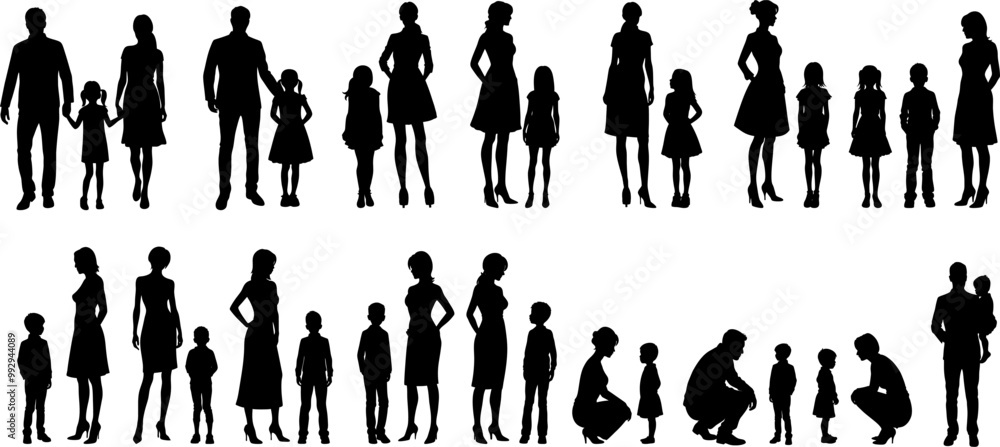 Fototapeta premium Vektor Silhouetten Set Körper von Kind Vater und Mutter - Eltern und Familie zusammen - Mädchen und Jungen - Design Elemente Grafik