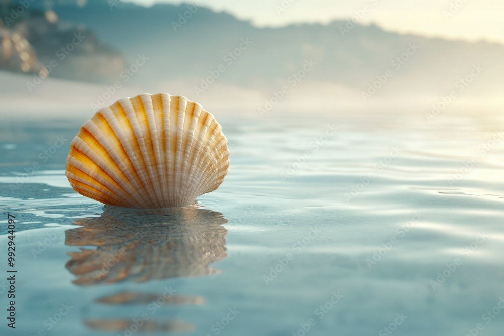 A Single Seashell Floating on Calm Water with a Blurry Mountain Range in the Background A Single Seashell Floating on Calm Water with a Blurry Mountain Range in the Background