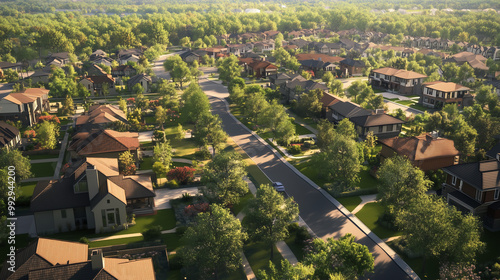 Aerial view of a neighborhood with a mix of modern and traditional homes, by parks and trees, bright afternoon light, peaceful and community-focused mood, showcasing and sustainable habitats