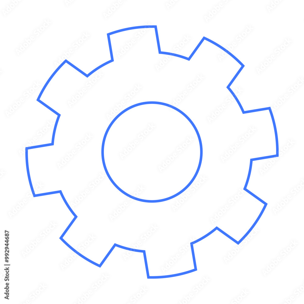 Simple blue gear outline with eight cog teeth in a circular shape. Ideal for mechanical, industrial, engineering, technical, innovation themes. Clean, minimalist design emphasizing precision