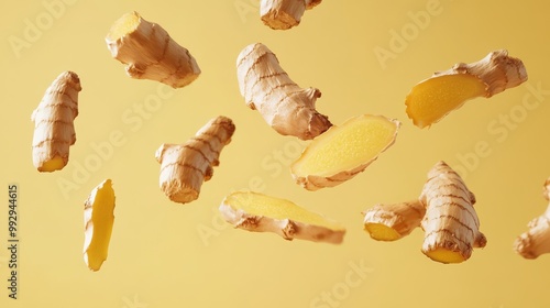 Fresh ginger roots and slices floating in mid-air against a yellow background. Concept of health, nutrition, and cooking ingredients.