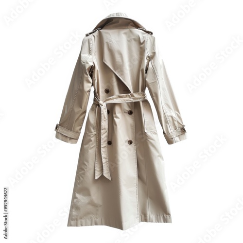 Elegant beige trench coat hanging against a white background photo