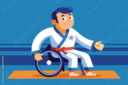 A judo athlete in a wheelchair wears a gi and gets ready for a competitive match on the mat, Customizable Paralympic Judo Illustration
