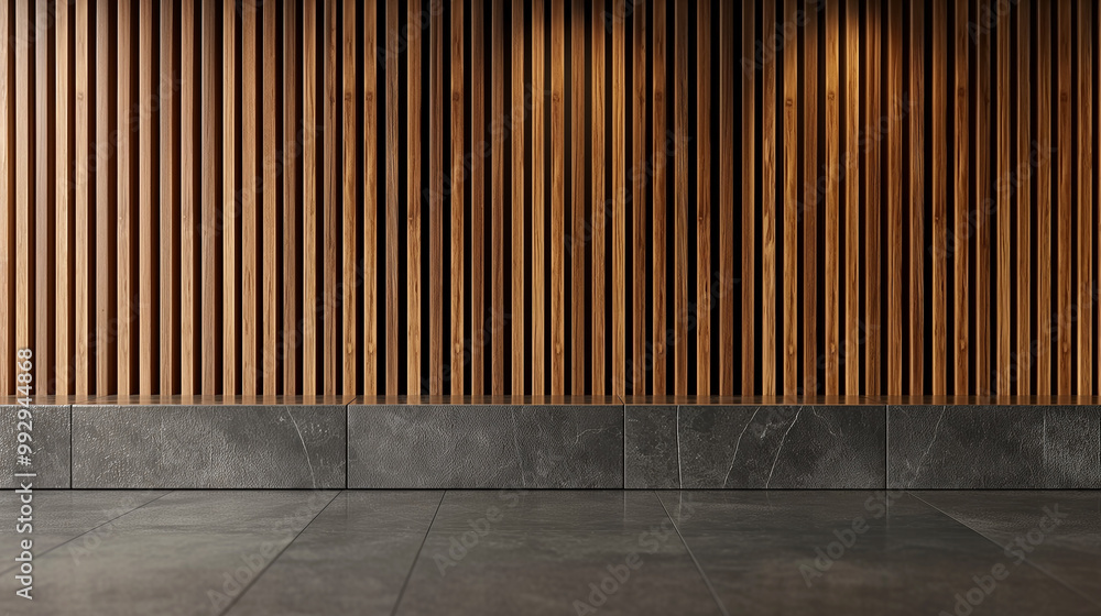 Black kitchen countertop on wooden wall panels made of vertical slats. Empty stone tabletop for luxury beauty and bar products presentation Black kitchen countertop on wooden wall panels made of vertical slats. Empty stone tabletop for luxury beauty and bar products presentation