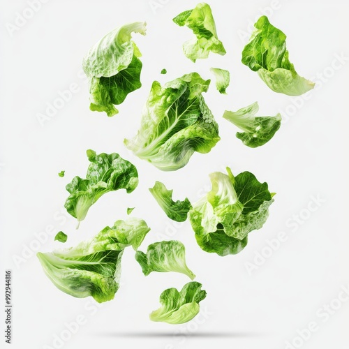 Fresh green lettuce leaves floating in air against white background, perfect for healthy food and salad concepts. photo