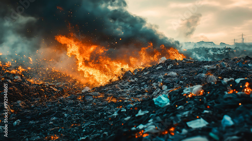 A large garbage dump of trash is on fire, Environmental crisis, Climate change