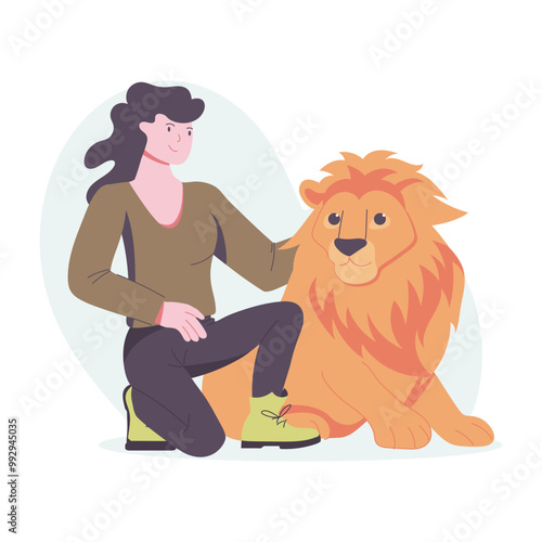 A woman petting lion, flat style illustration 